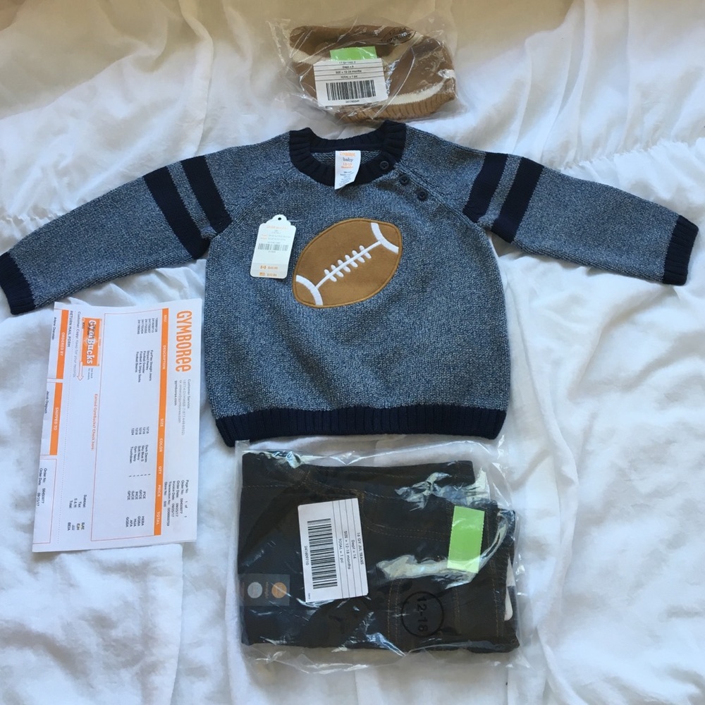 Gymboree football sweater, winter hat, and jeans